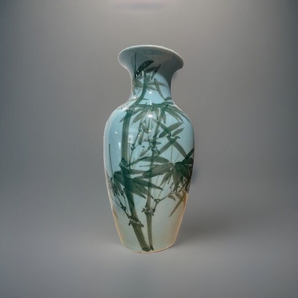 Antique Awaji Pottery Japanese Vase Turquoise Glaze Green Bamboo 9in Porcelain - Picture 1 of 5